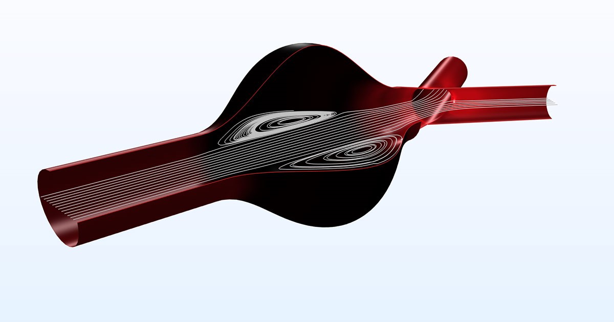 Proudění krve v aneurysmatu břišní aorty simulováno pomocí CFD Module COMSOL Multiphysics.